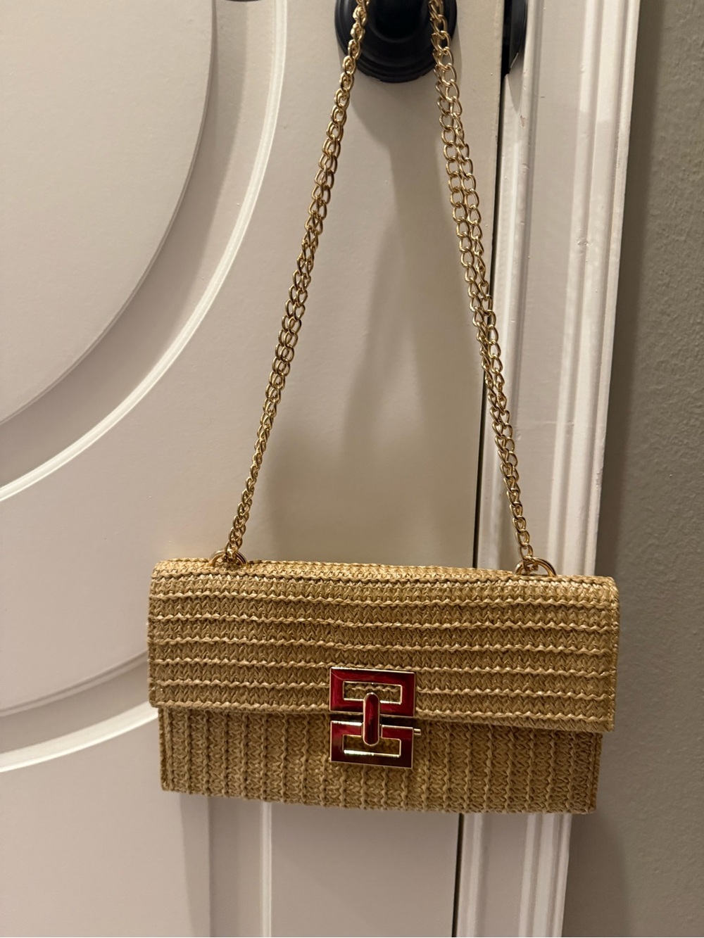 Tan Woven Crossbody Bag with Gold Accent Push-Lock